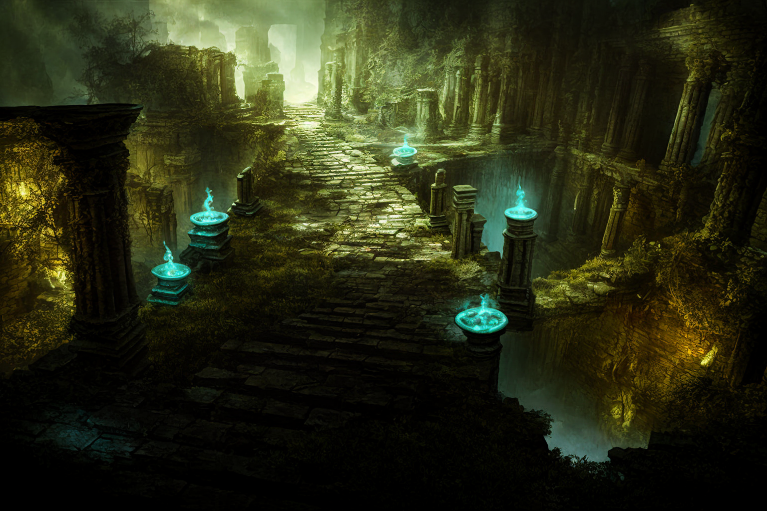 00562-3775693610-Concept Art, Creepy Horror Scenes, Western Magic Style, Landscape, Stairs, No Man, Fantasy, Ruins, Pillars, Altars, Ghost Fire,.png